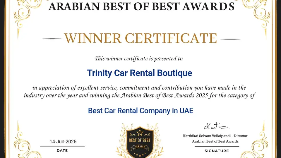 Trinity Rental Wins “Best Car Rental Company (UAE)” at Arabian Best of Best Awards - 580x326